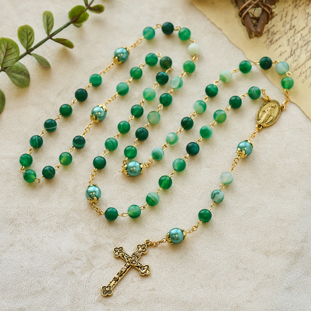 Miraculous Medal & Crucifix of 6 mm Round Green Crystal Alloy Chain Rosary