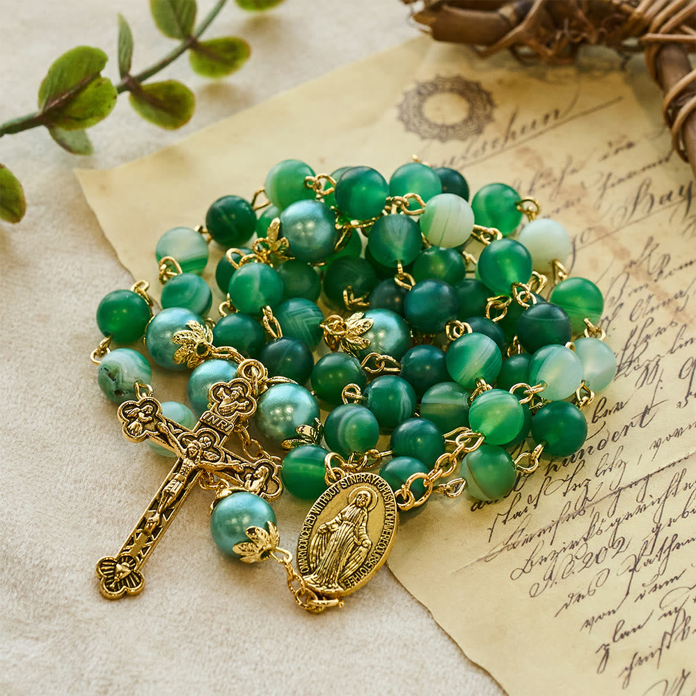 Miraculous Medal & Crucifix of 6 mm Round Green Crystal Alloy Chain Rosary