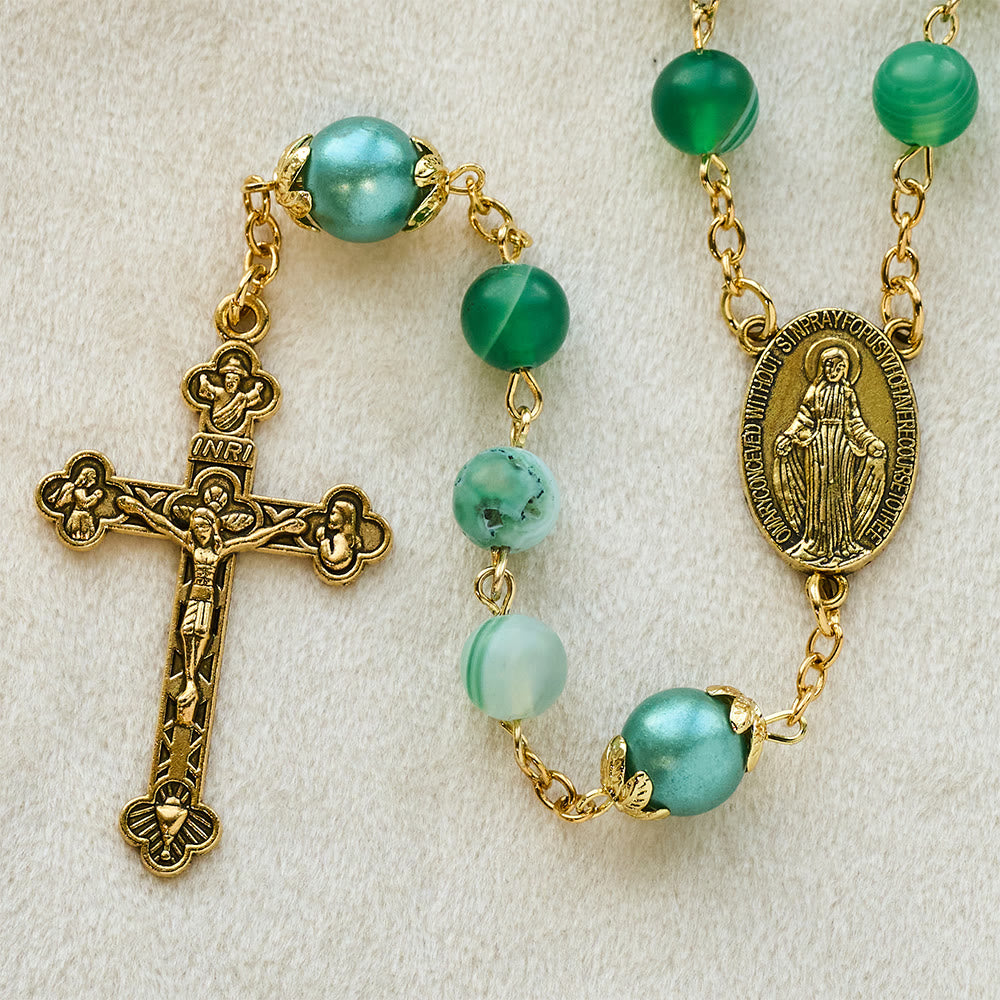 Miraculous Medal & Crucifix of 6 mm Round Green Crystal Alloy Chain Rosary