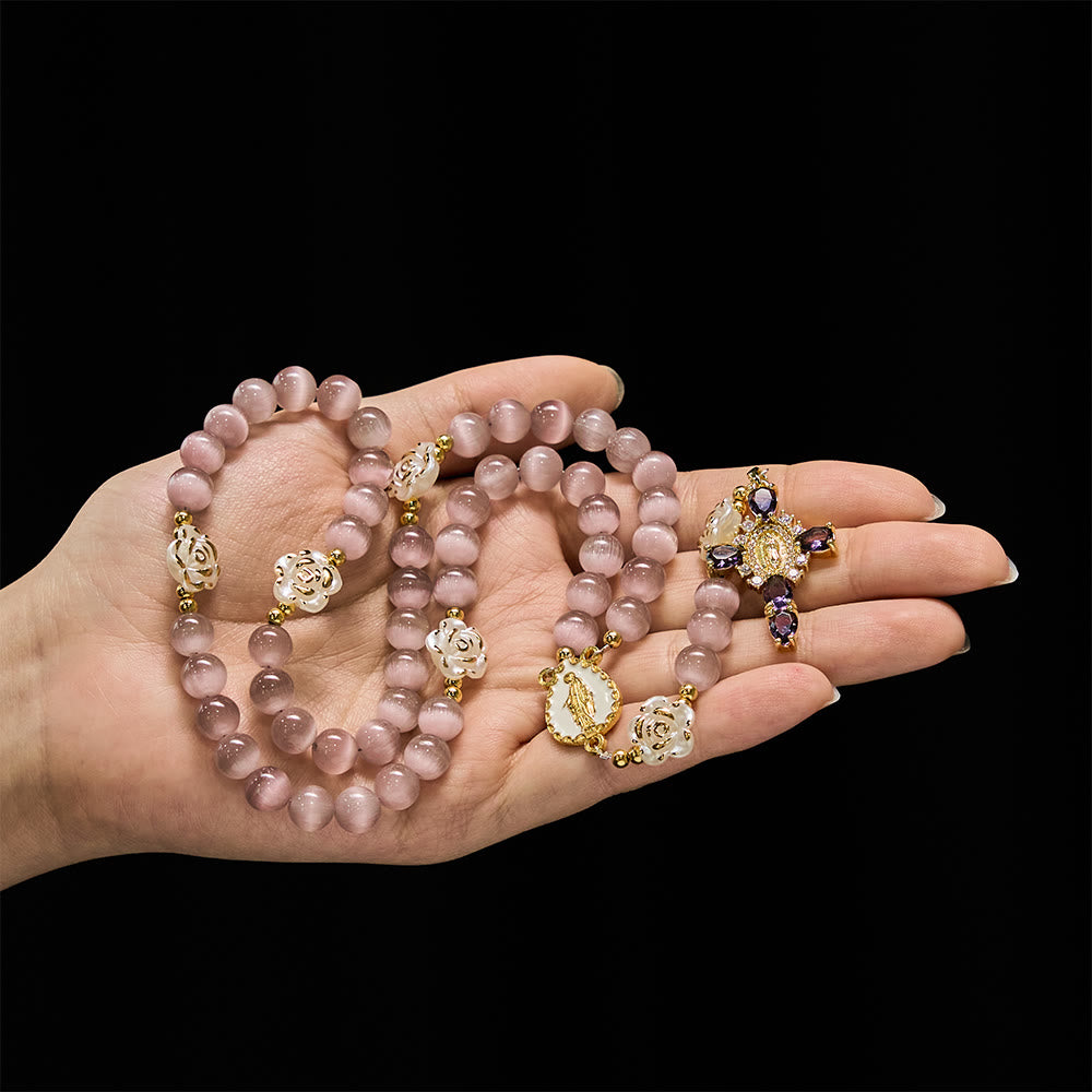 Soft Pink Cat's Eye Rosary with White Rose Beads and Holy Mother Emblem