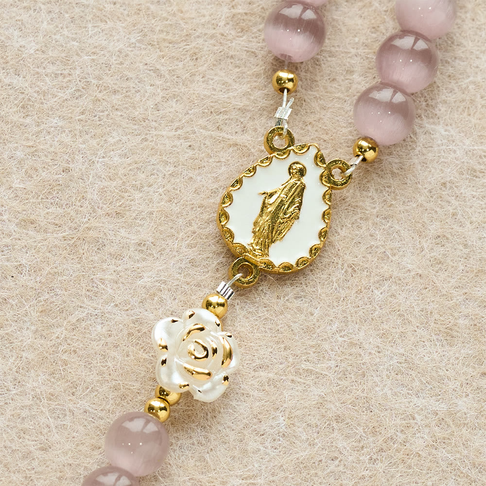 Soft Pink Cat's Eye Rosary with White Rose Beads and Holy Mother Emblem