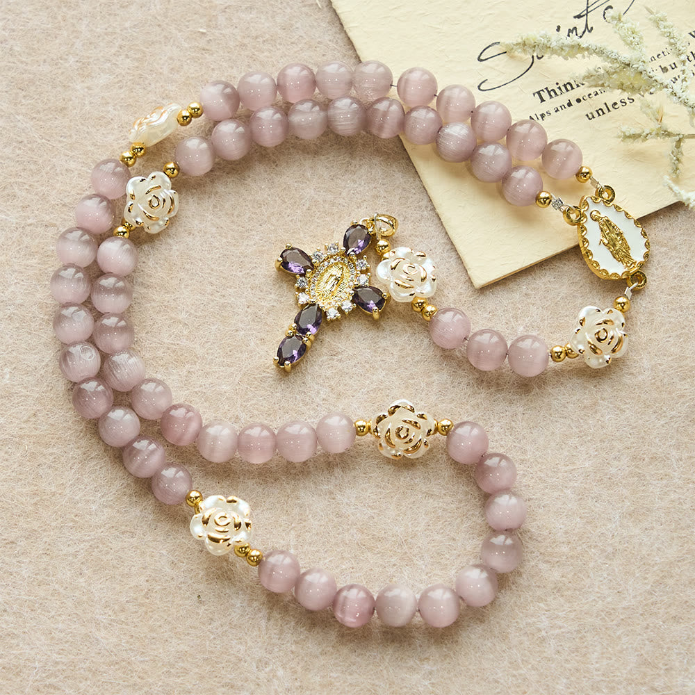 Cat's Eye & Rose Devotion Rosary in Lavender & Pink: Holy Mother Centerpiece for Gentle Prayer