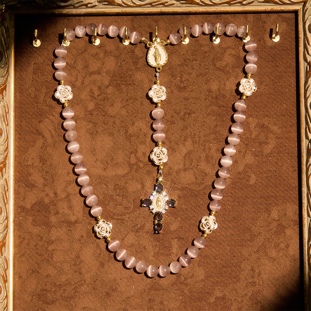 Soft Pink Cat's Eye Rosary with White Rose Beads and Holy Mother Emblem