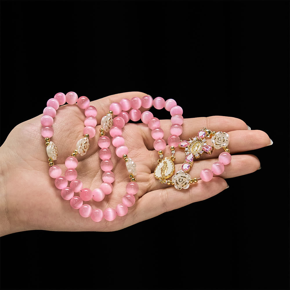 Soft Pink Cat's Eye Rosary with White Rose Beads and Holy Mother Emblem