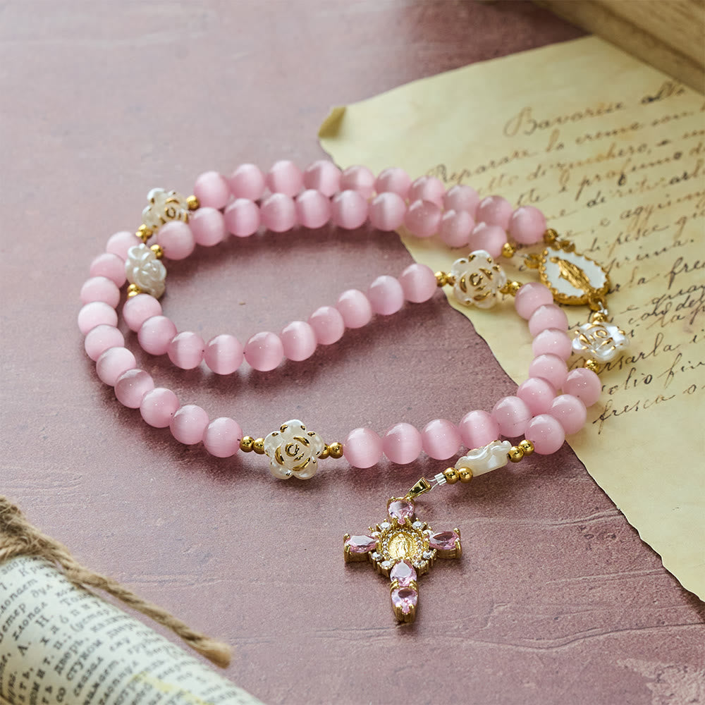 Soft Pink Cat's Eye Rosary with White Rose Beads and Holy Mother Emblem