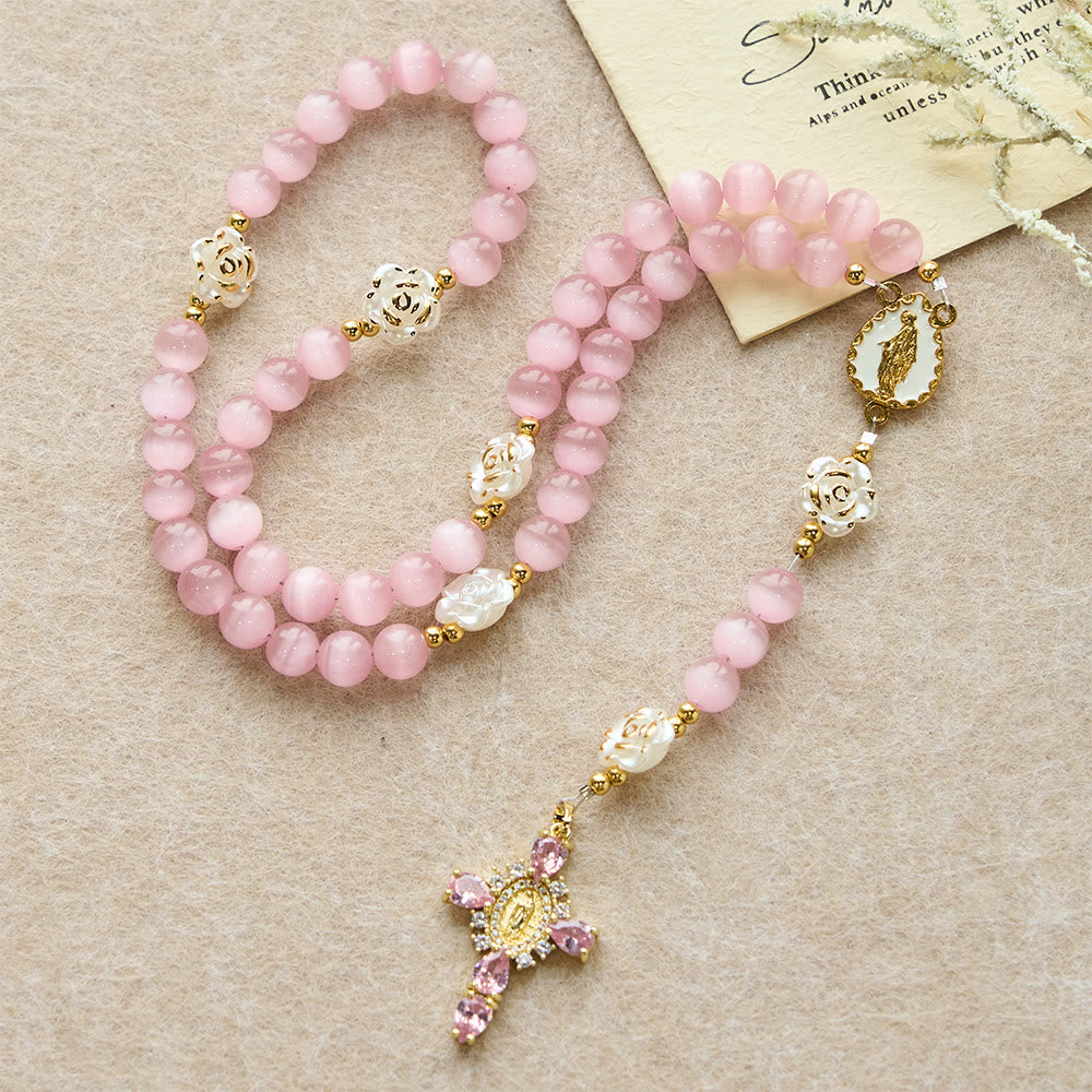 Soft Pink Cat's Eye Rosary with White Rose Beads and Holy Mother Emblem