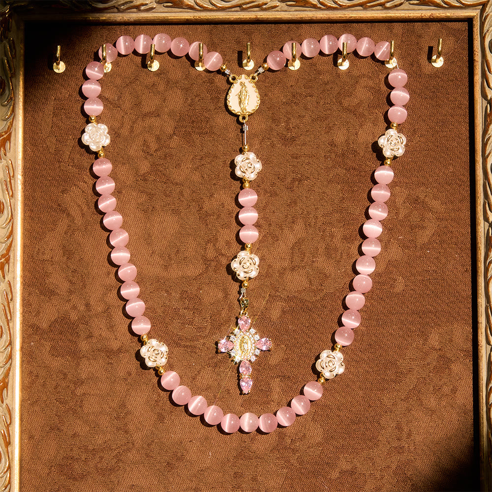 Cat's Eye & Rose Devotion Rosary in Lavender & Pink: Holy Mother Centerpiece for Gentle Prayer