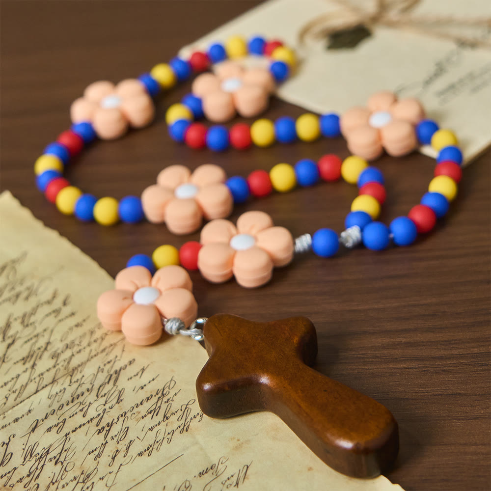 Kids Rosary with Soft Silicone Flowers: Fun Flower Design with Red Yellow Blue Palette