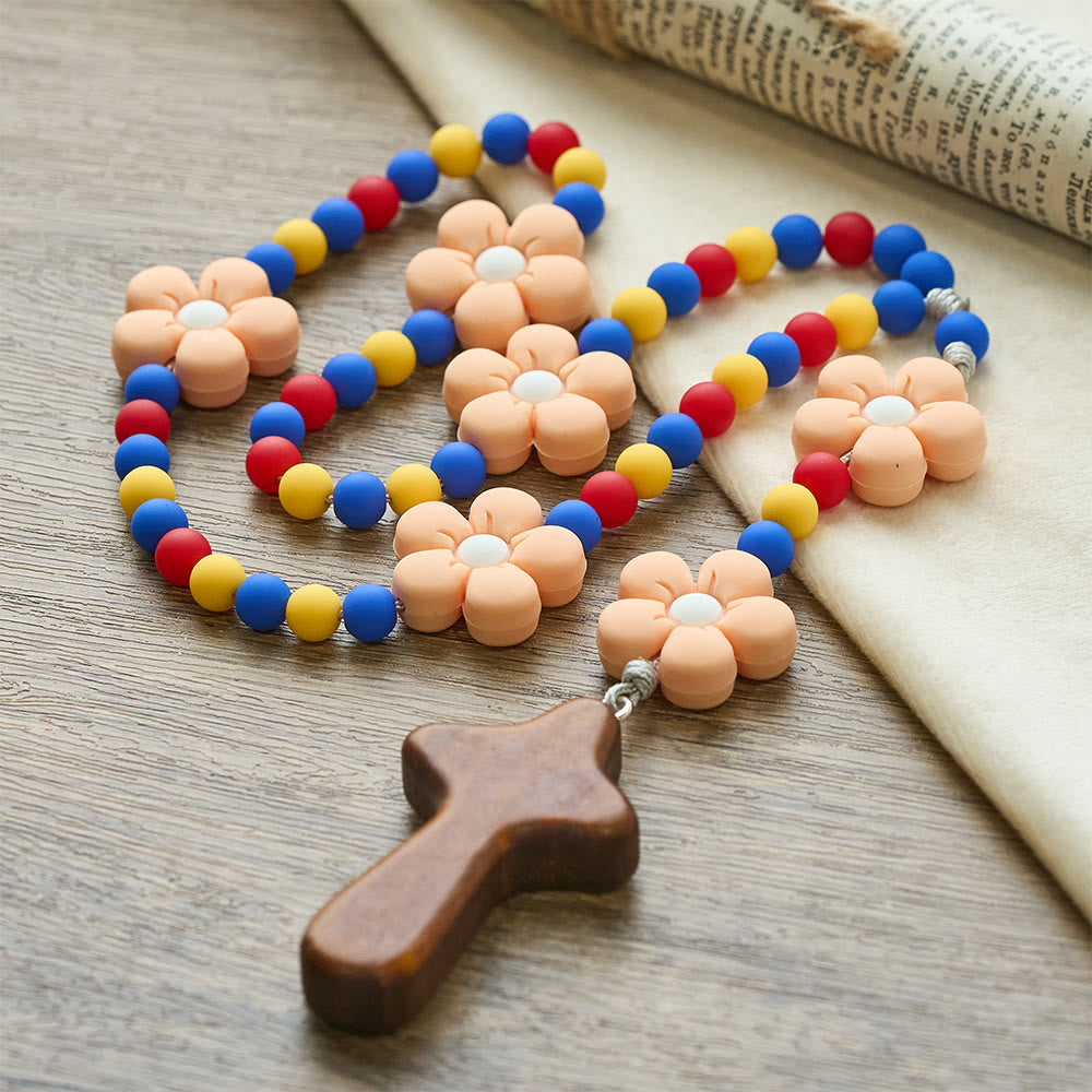 Kids Rosary with Soft Silicone Flowers: Fun Flower Design with Red Yellow Blue Palette