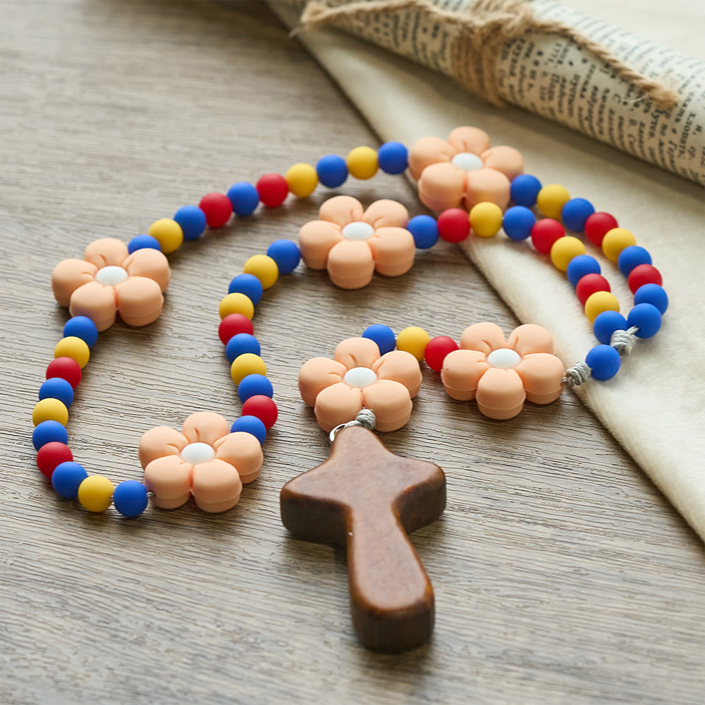 Kids Rosary with Soft Silicone Flowers: Fun Flower Design with Red Yellow Blue Palette