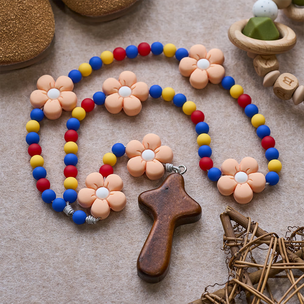 Kids Rosary with Soft Silicone Flowers: Fun Flower Design with Red Yellow Blue Palette