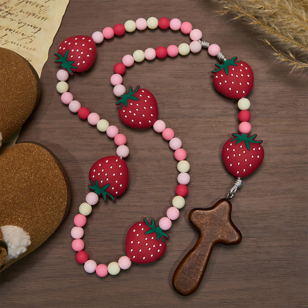 Strawberry Sweet Kids Rosary: Soft Berries & Pink White Beads for Young Believers