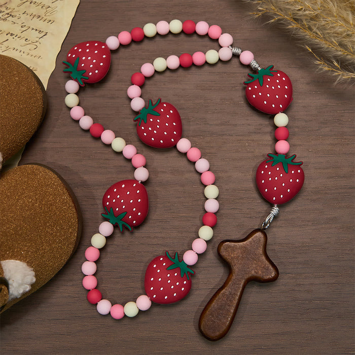 Strawberry Sweet Kids Rosary: Soft Berries & Pink White Beads for Young Believers