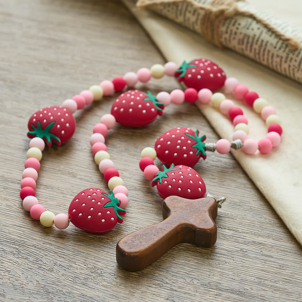 Strawberry Sweet Kids Rosary: Soft Berries & Pink White Beads for Young Believers