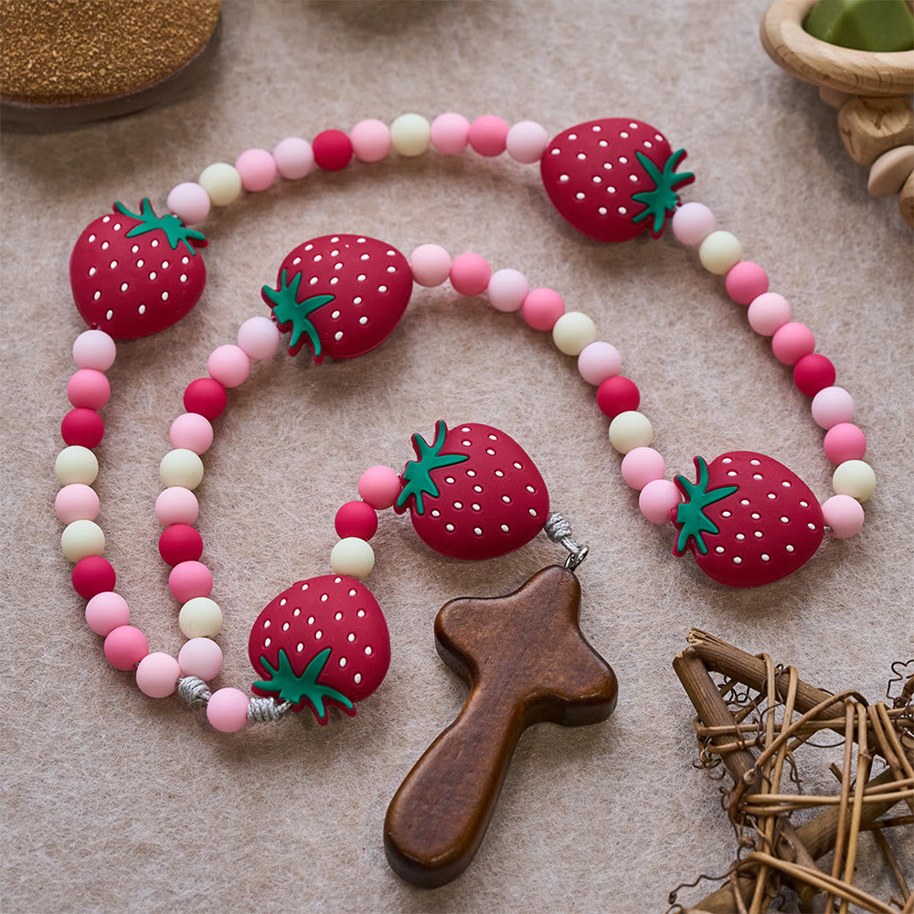 Strawberry Sweet Kids Rosary: Soft Berries & Pink White Beads for Young Believers