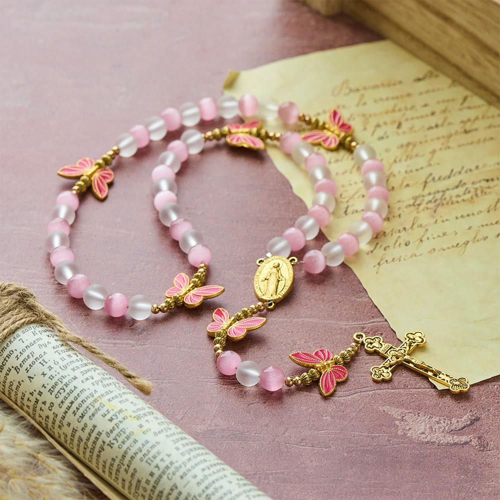 Purple/Pink Cat's Eye & Matte Glass Butterfly Blessed Rosary: Embody Sacred Love and Grace