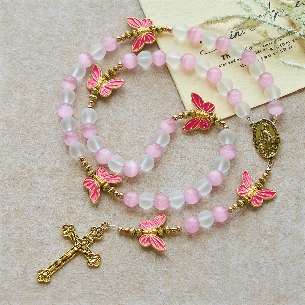 Purple/Pink Cat's Eye & Matte Glass Butterfly Blessed Rosary: Embody Sacred Love and Grace