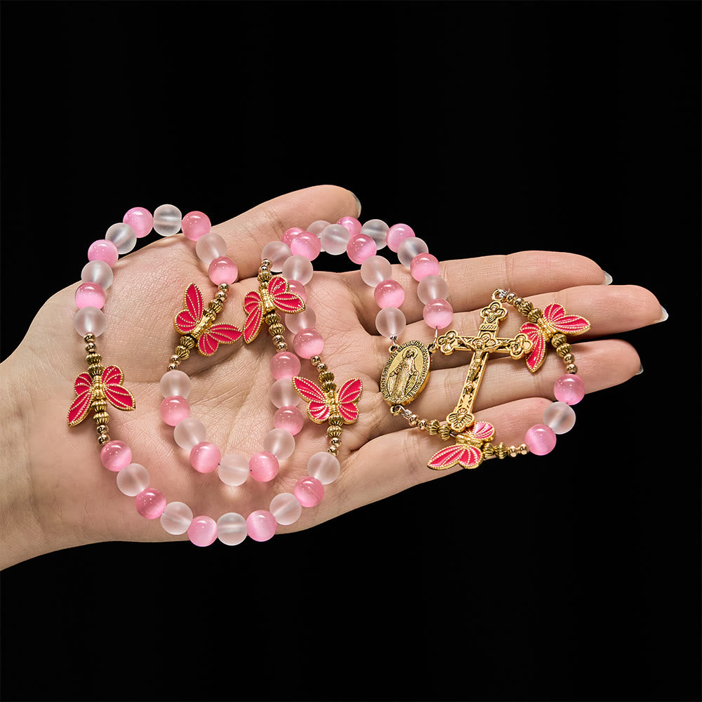 Purple/Pink Cat's Eye & Matte Glass Butterfly Blessed Rosary: Embody Sacred Love and Grace