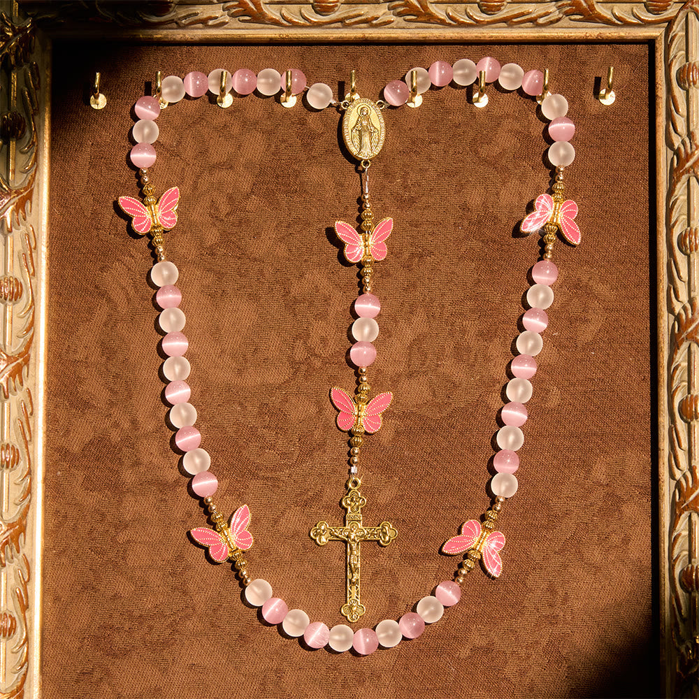 Purple/Pink Cat's Eye & Matte Glass Butterfly Blessed Rosary: Embody Sacred Love and Grace