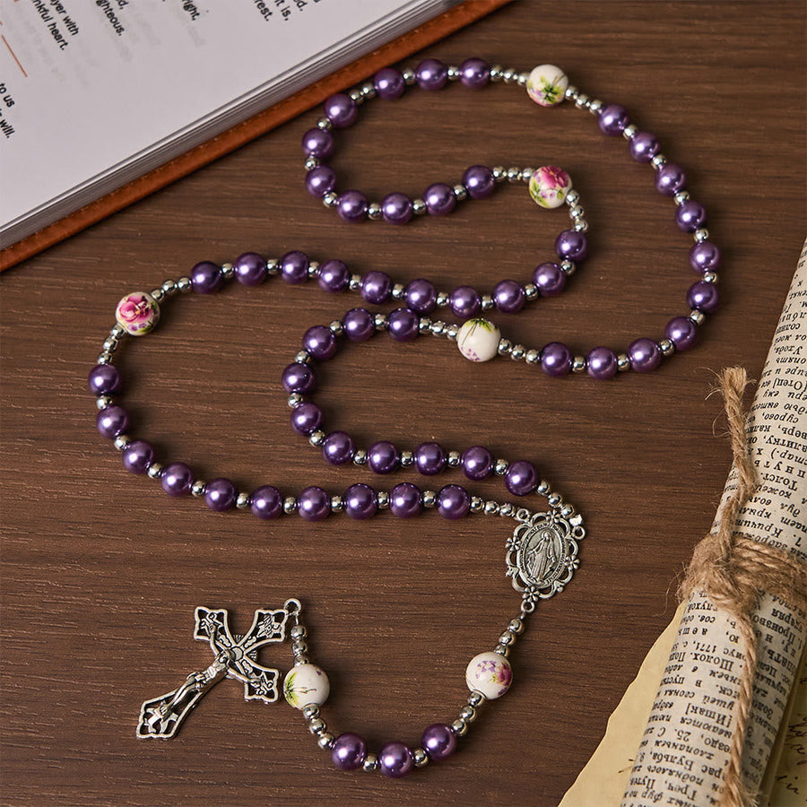 Miraculous Medal & Crucifix of 8 mm Round Multicolor Pearl Nylon Cord Rosary