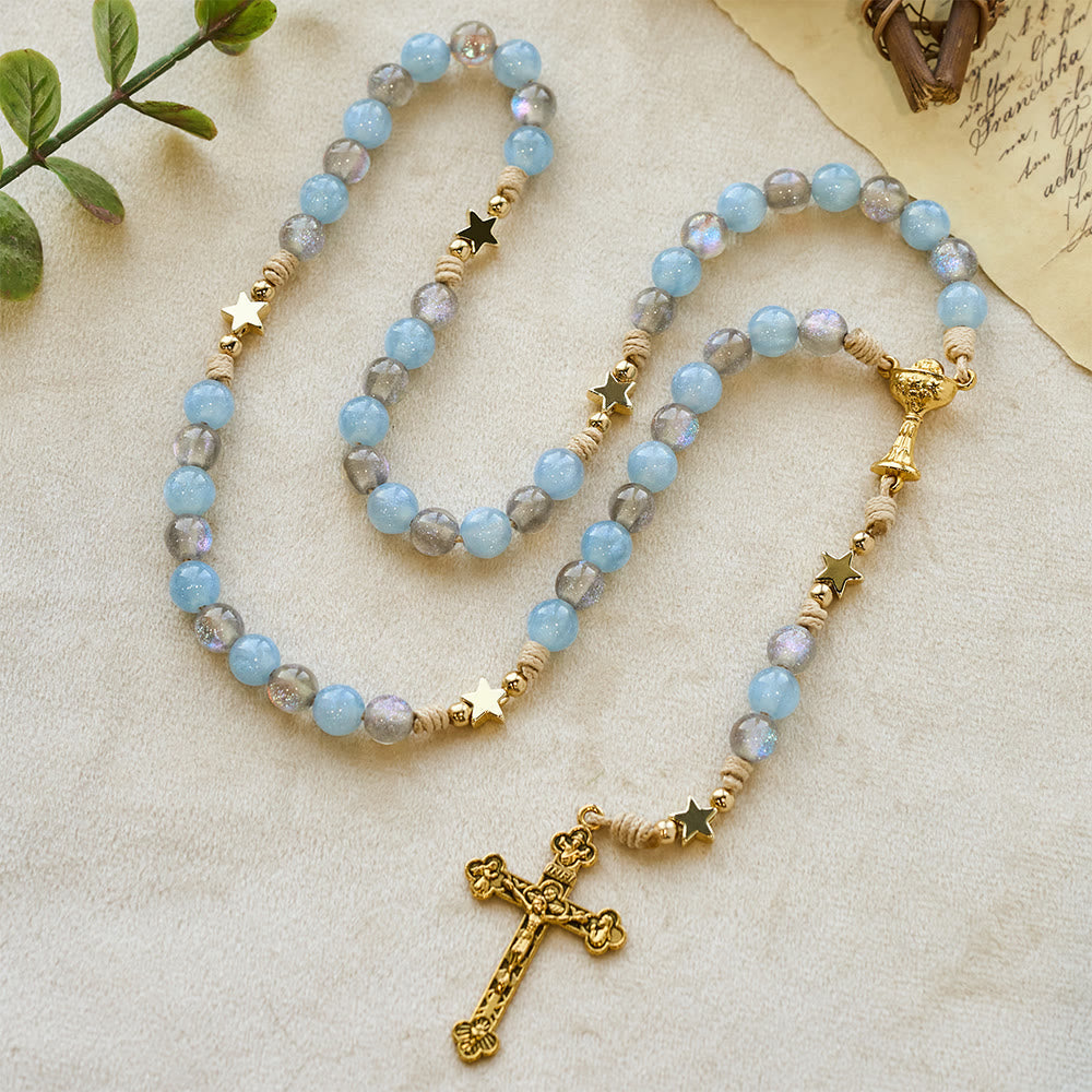 Starry Blue & Gray Holy Grail Rosary: Luminous Grace in Prayer