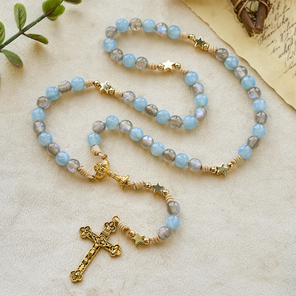 Starry Blue & Gray Holy Grail Rosary: Luminous Grace in Prayer