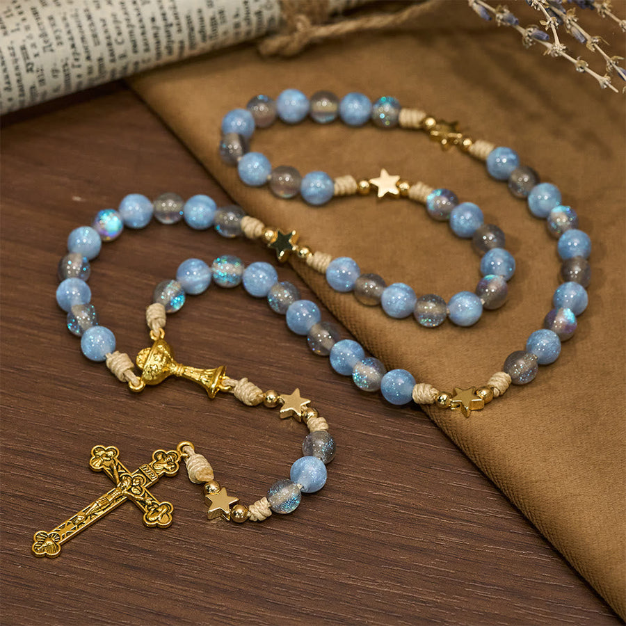 Starry Blue & Gray Holy Grail Rosary: Luminous Grace in Prayer