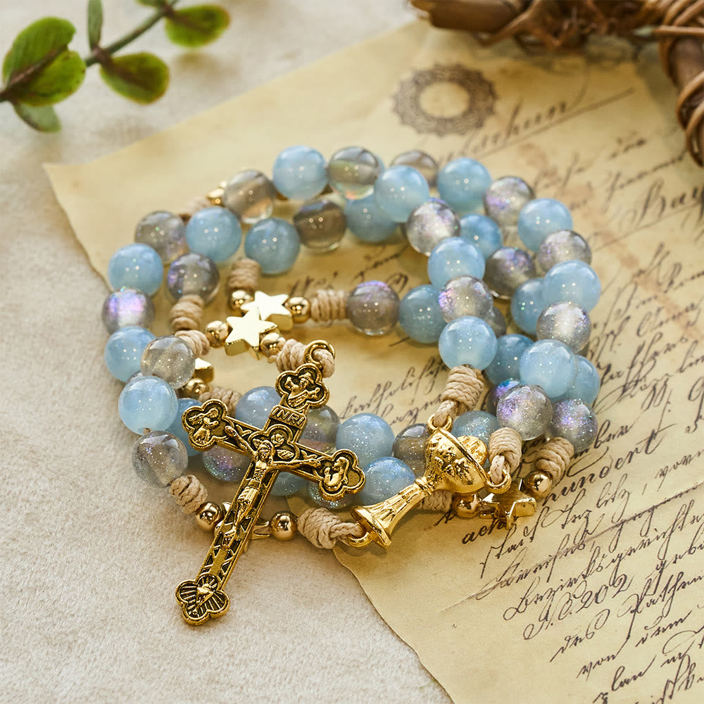 Starry Blue & Gray Holy Grail Rosary: Luminous Grace in Prayer