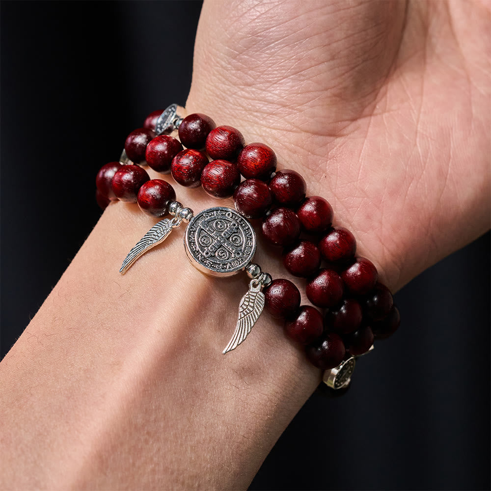 St. Benedict & Miraculous Medal Wooden Bead Dual Guardian Bracelet