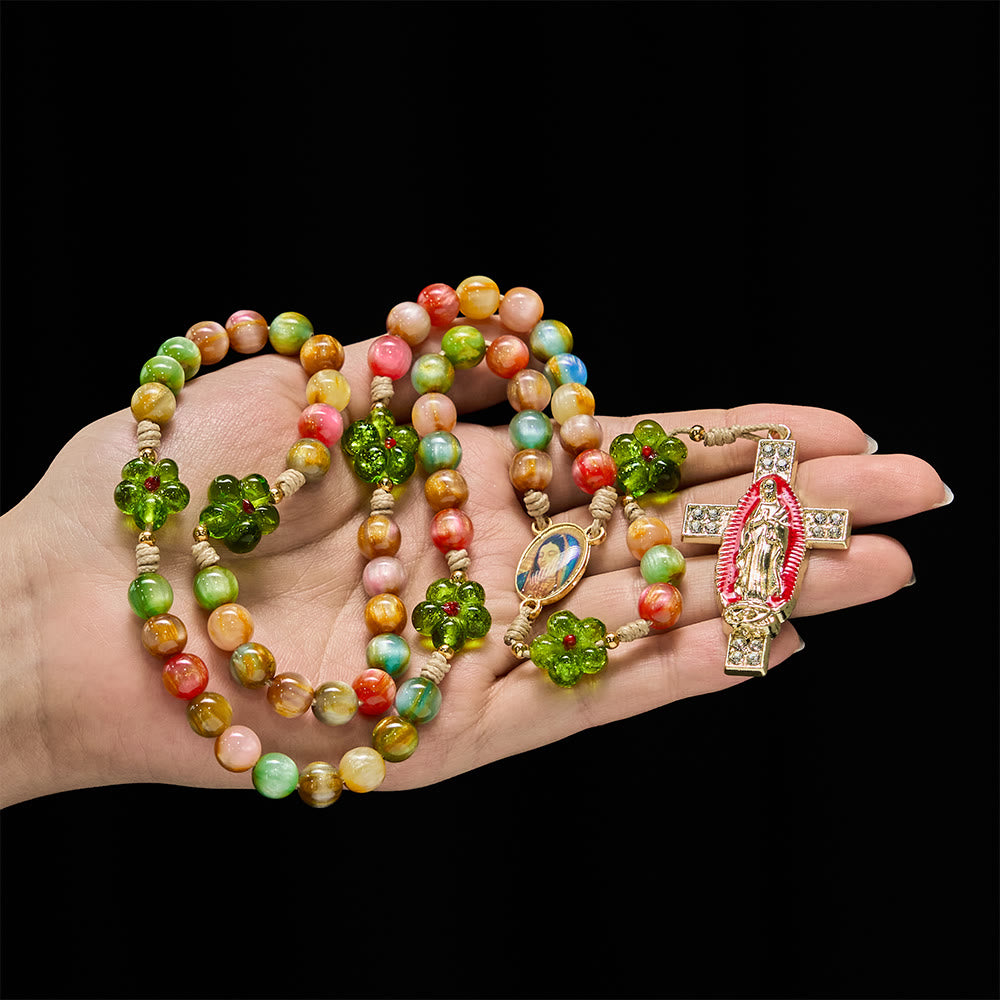 Green Flower Glass & Pastel Cat Eye Rosary with Our Lady Faith Cross