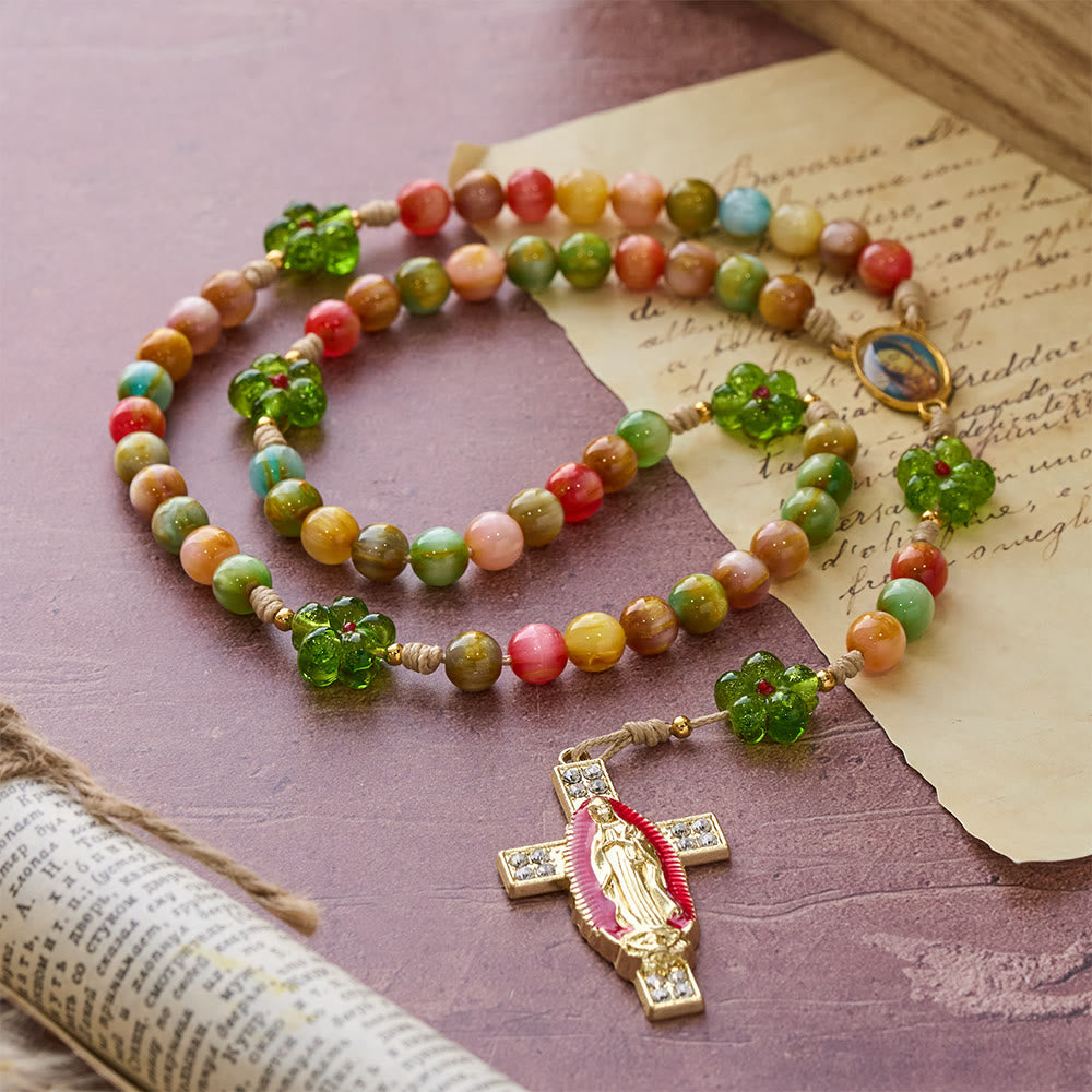 Green Flower Glass & Pastel Cat Eye Rosary with Our Lady Faith Cross