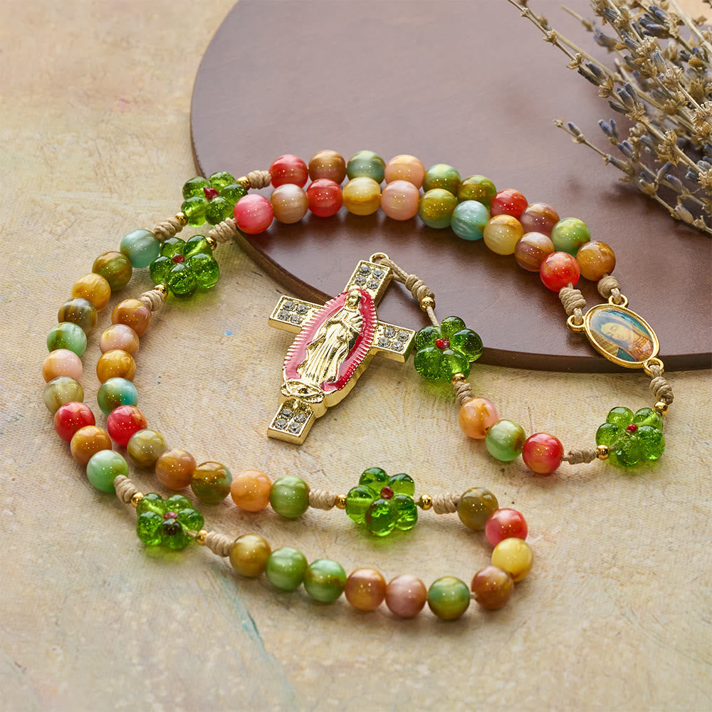 Green Flower Glass & Pastel Cat Eye Rosary with Our Lady Faith Cross