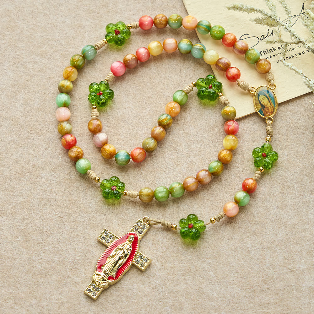 Green Flower Glass & Pastel Cat Eye Rosary with Our Lady Faith Cross