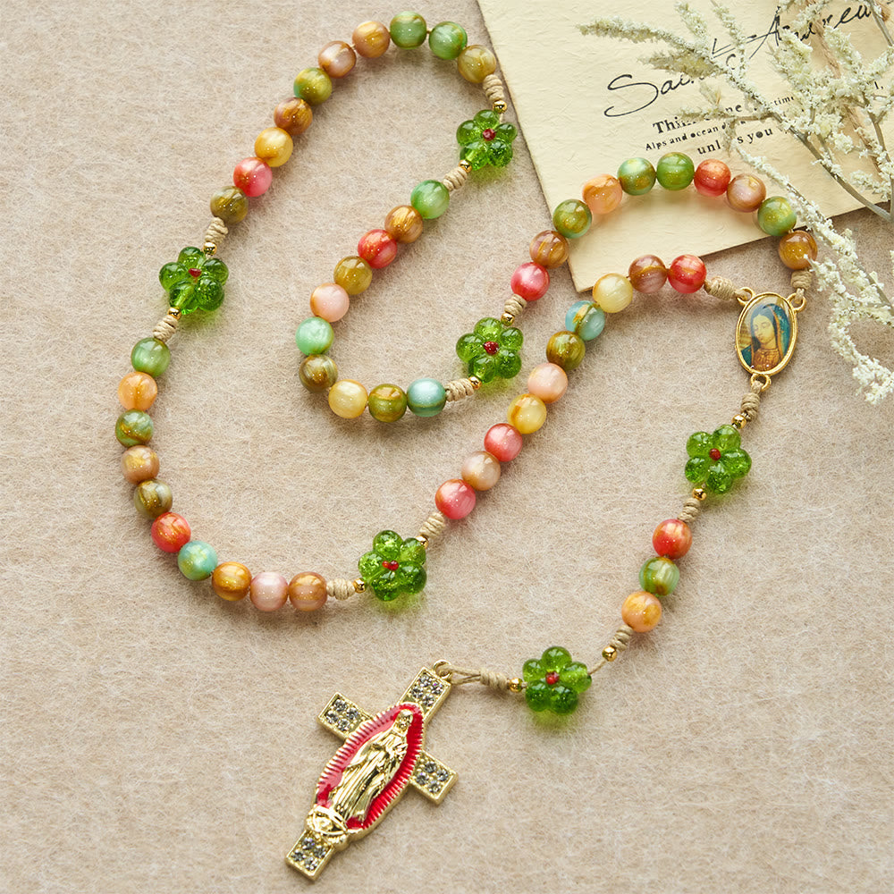 Green Flower Glass & Pastel Cat Eye Rosary with Our Lady Faith Cross