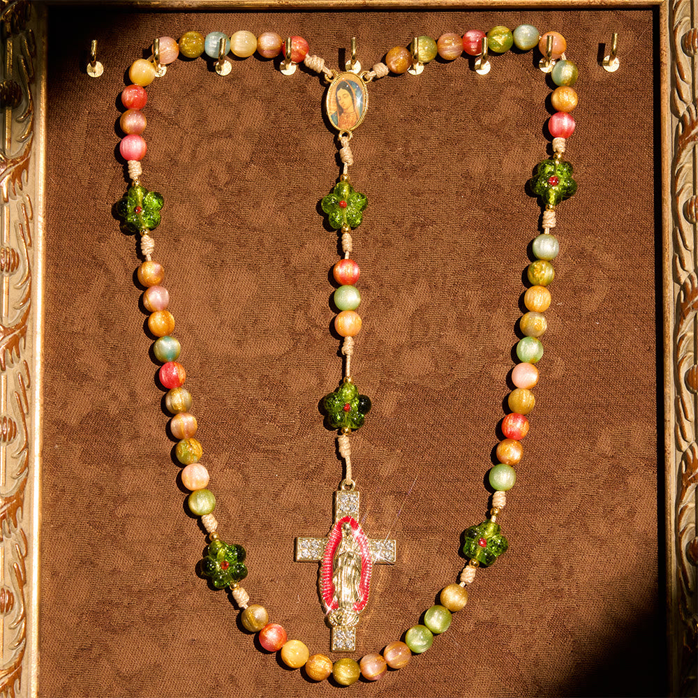 Green Flower Glass & Pastel Cat Eye Rosary with Our Lady Faith Cross
