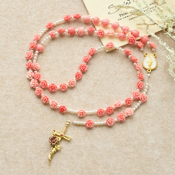 Soft Pink Camellia Rosary with Our Lady: Gentle Faith Accessory