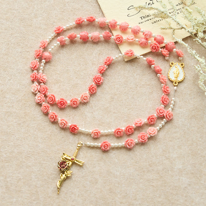 Soft Pink Camellia Rosary with Our Lady: Gentle Faith Accessory