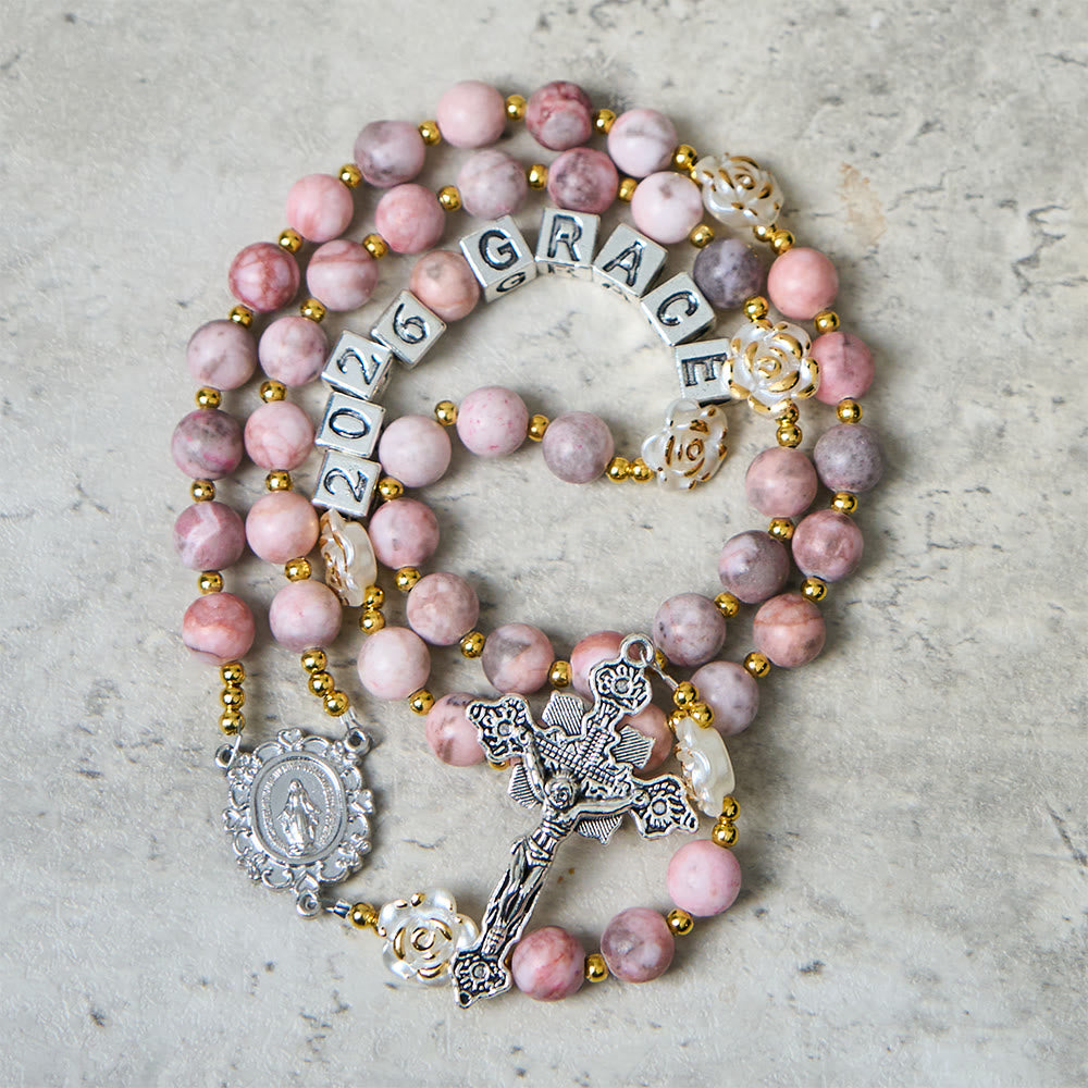 Pink Zebra Jasper 2026 New Year Rosary: Personalized Name Faith