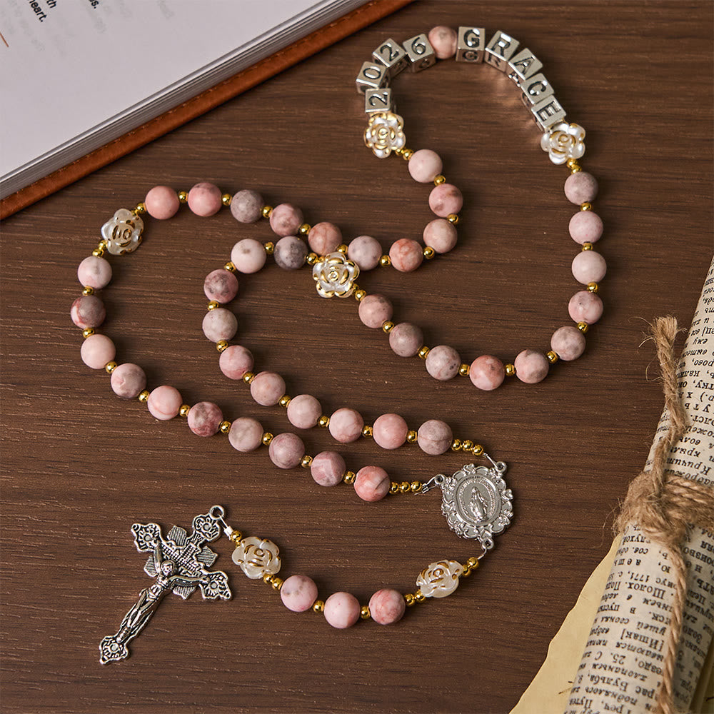 Pink Zebra Jasper 2026 New Year Rosary: Personalized Name Faith