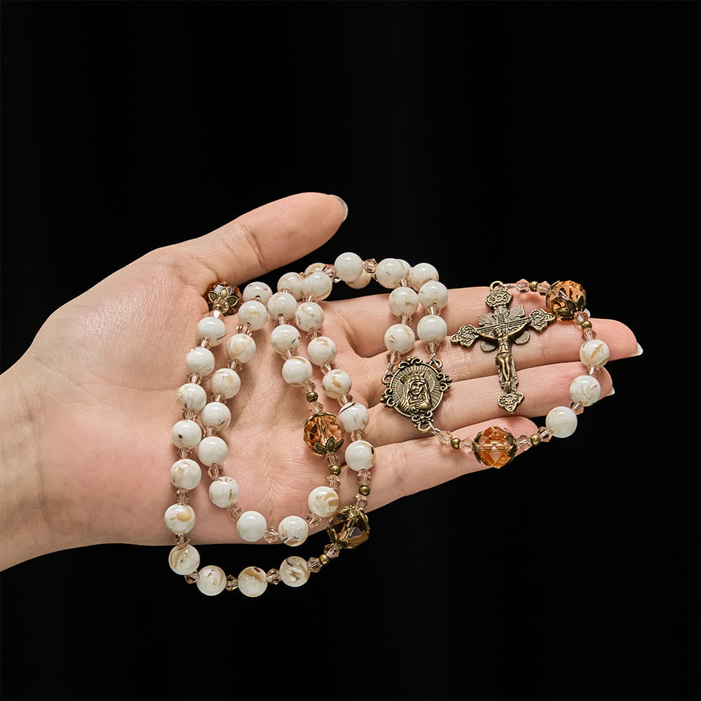 Calm White Shell Turquoise & Champagne Accents Detailed Rosary: Hold His Peace Close