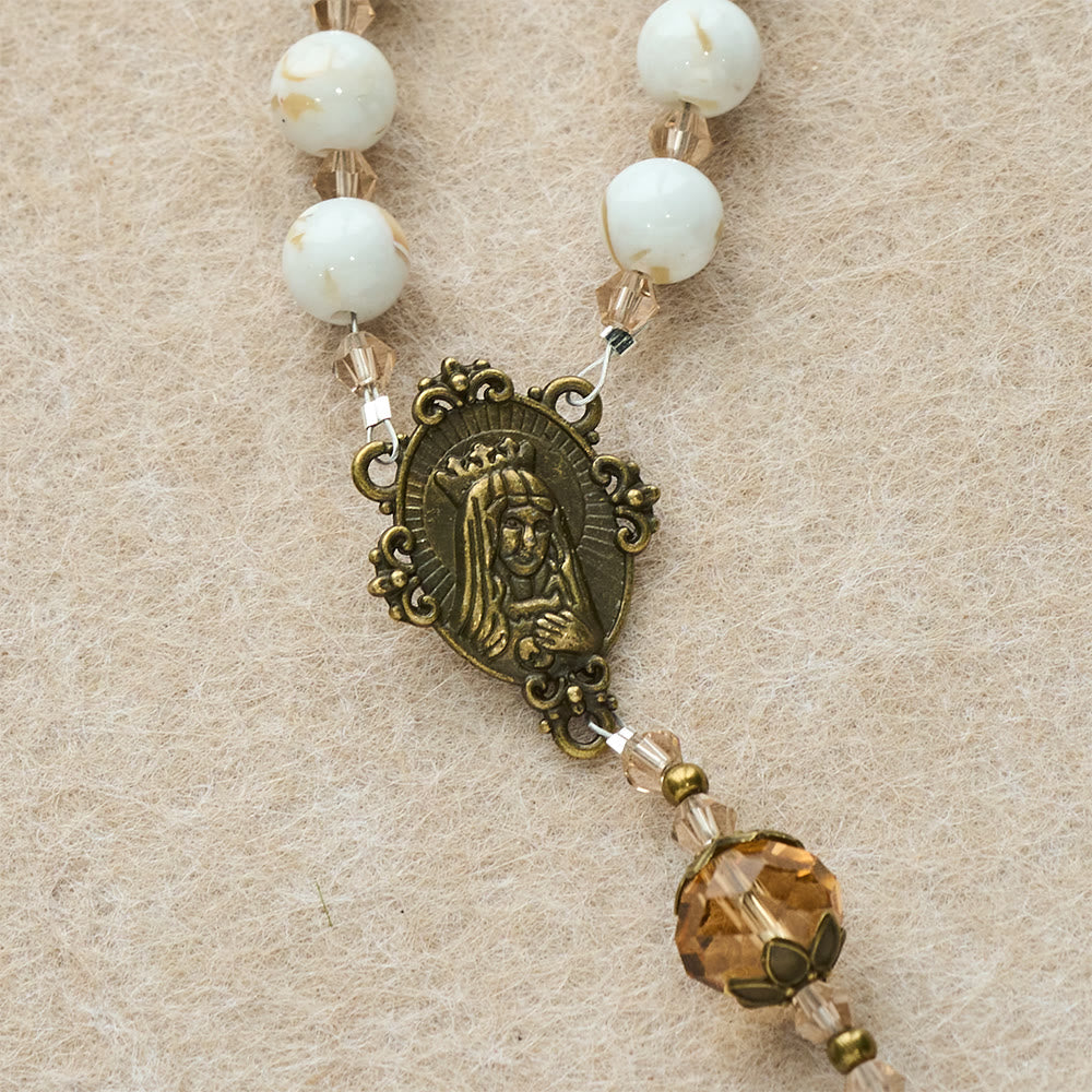 Calm White Shell Turquoise & Champagne Accents Detailed Rosary: Hold His Peace Close