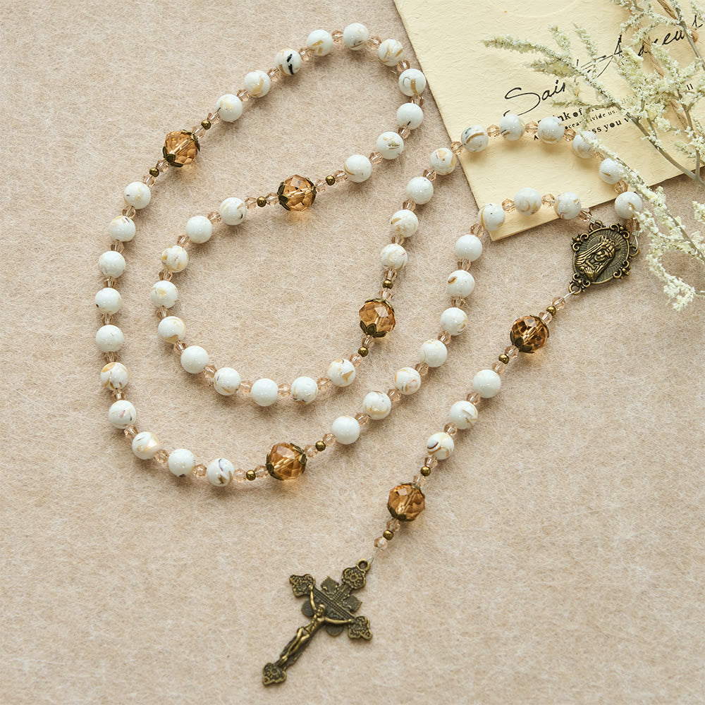 Calm White Shell Turquoise & Champagne Accents Detailed Rosary: Hold His Peace Close