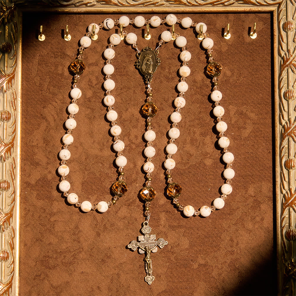 Calm White Shell Turquoise & Champagne Accents Detailed Rosary: Hold His Peace Close