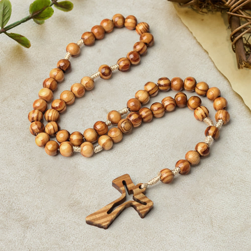 Natural Wood Bead Rosary with Hand-Carved Crucifix: Embody His Gentle Grace