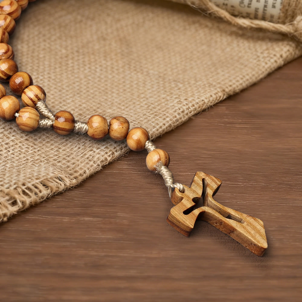 Natural Wood Bead Rosary with Hand-Carved Crucifix: Embody His Gentle Grace