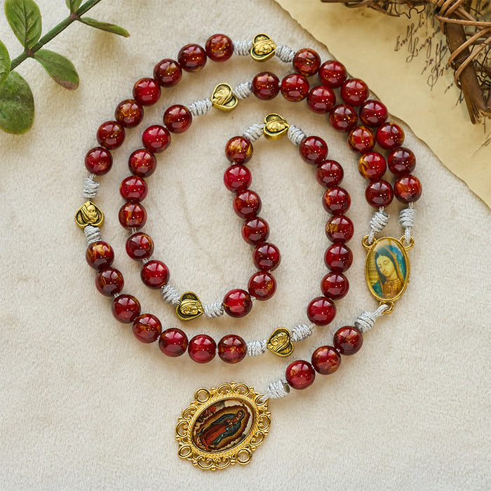Sparkle Wine Red Seven Sorrows Faith Rosary with Vintage Golden Our Lady Medal