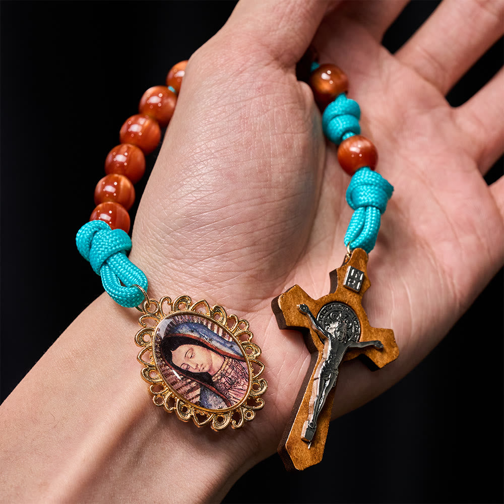 Vibrant Turquoise Paracord and Crimson Bead Pocket Rosary with Our Lady & Crucifix Companion