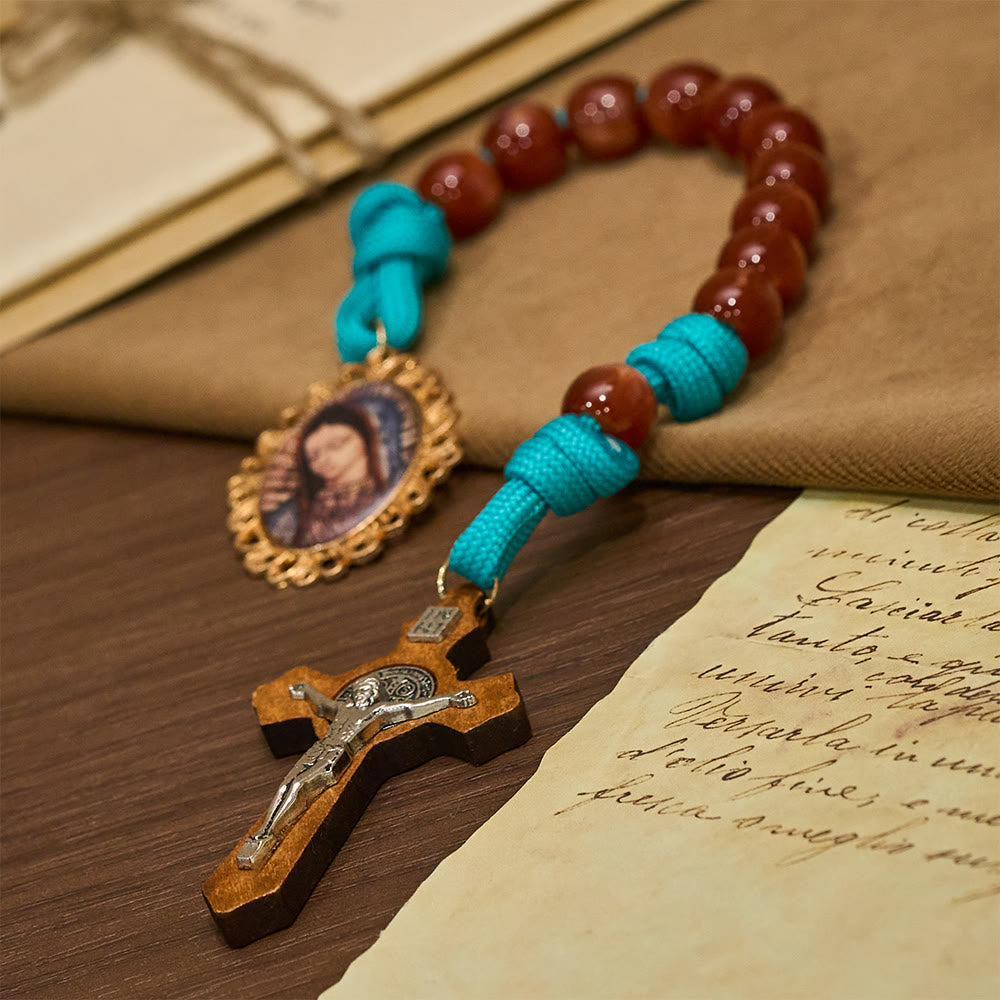 Vibrant Turquoise Paracord and Crimson Bead Pocket Rosary with Our Lady & Crucifix Companion