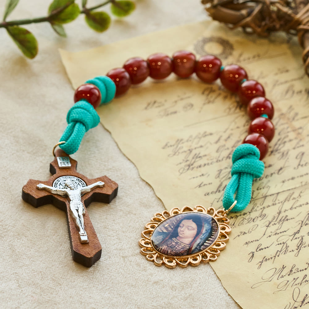 Vibrant Turquoise Paracord and Crimson Bead Pocket Rosary with Our Lady & Crucifix Companion