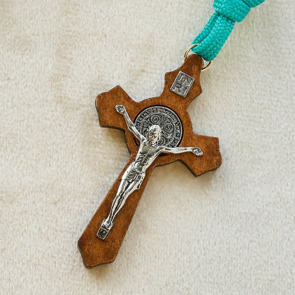 Vibrant Turquoise Paracord and Crimson Bead Pocket Rosary with Our Lady & Crucifix Companion
